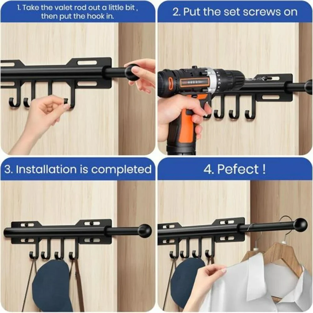 Pull Out Closet Valet Rod 12 Inch Retractable Clothes Hanger with 4 Hooks Silver